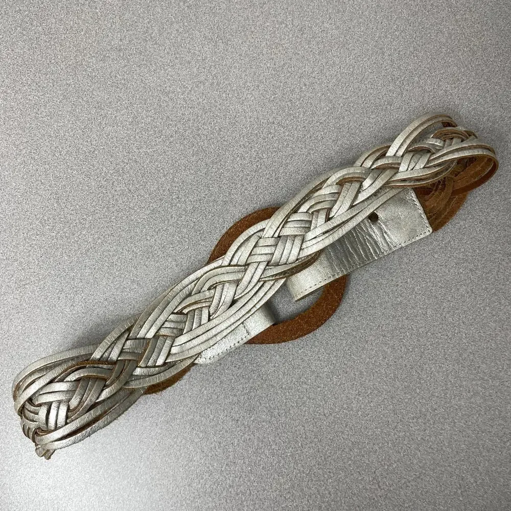 Chicos Woven Leather Belt Womens Small Metallic Silver D Ring Buckle Wide Boho